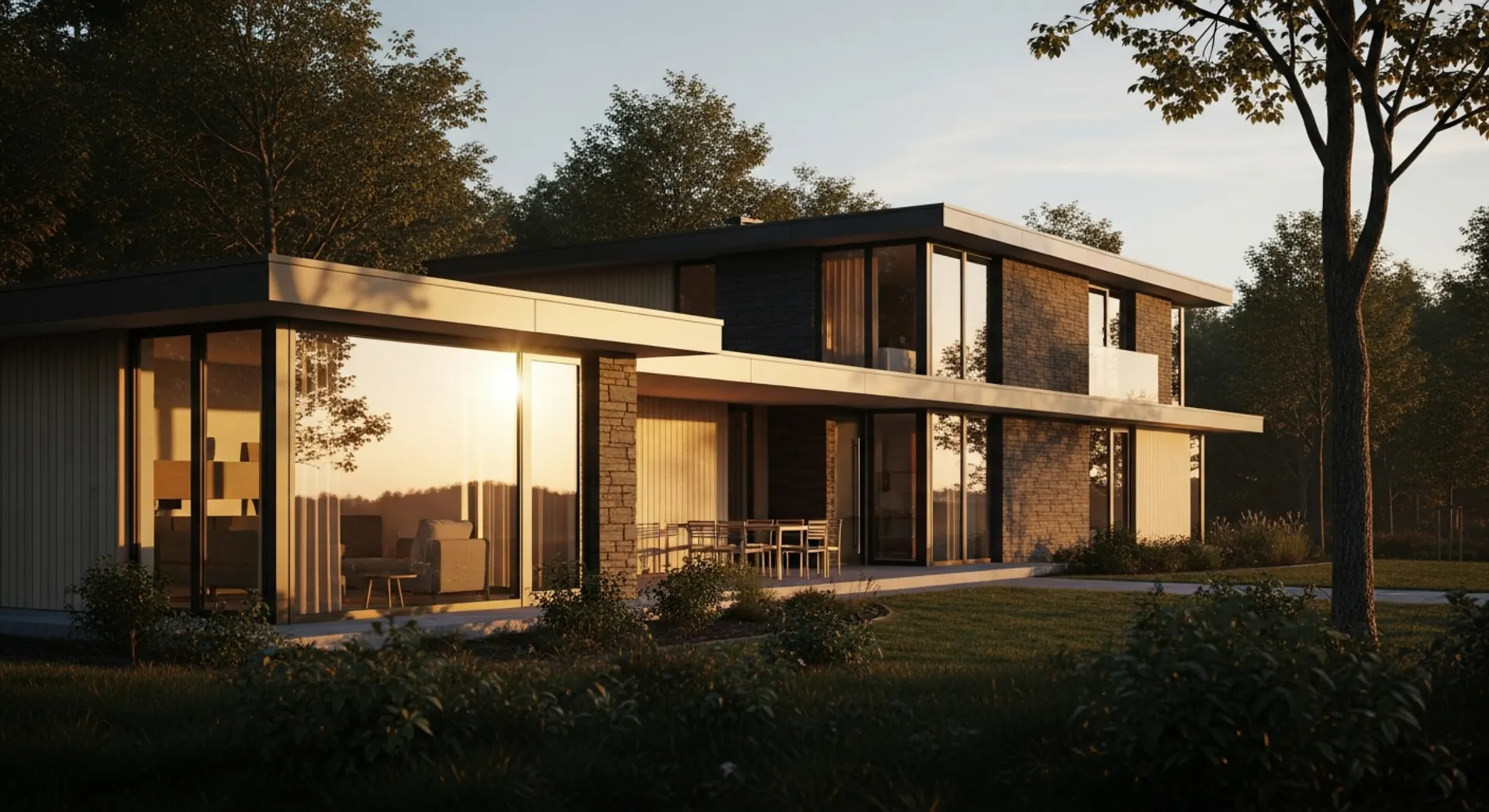 Modernes Fertighaus mit Satteldach und großen Fensterflächen in naturnaher Umgebung Modernes Fertighaus mit Satteldach und großen Fensterflächen in naturnaher Umgebung
